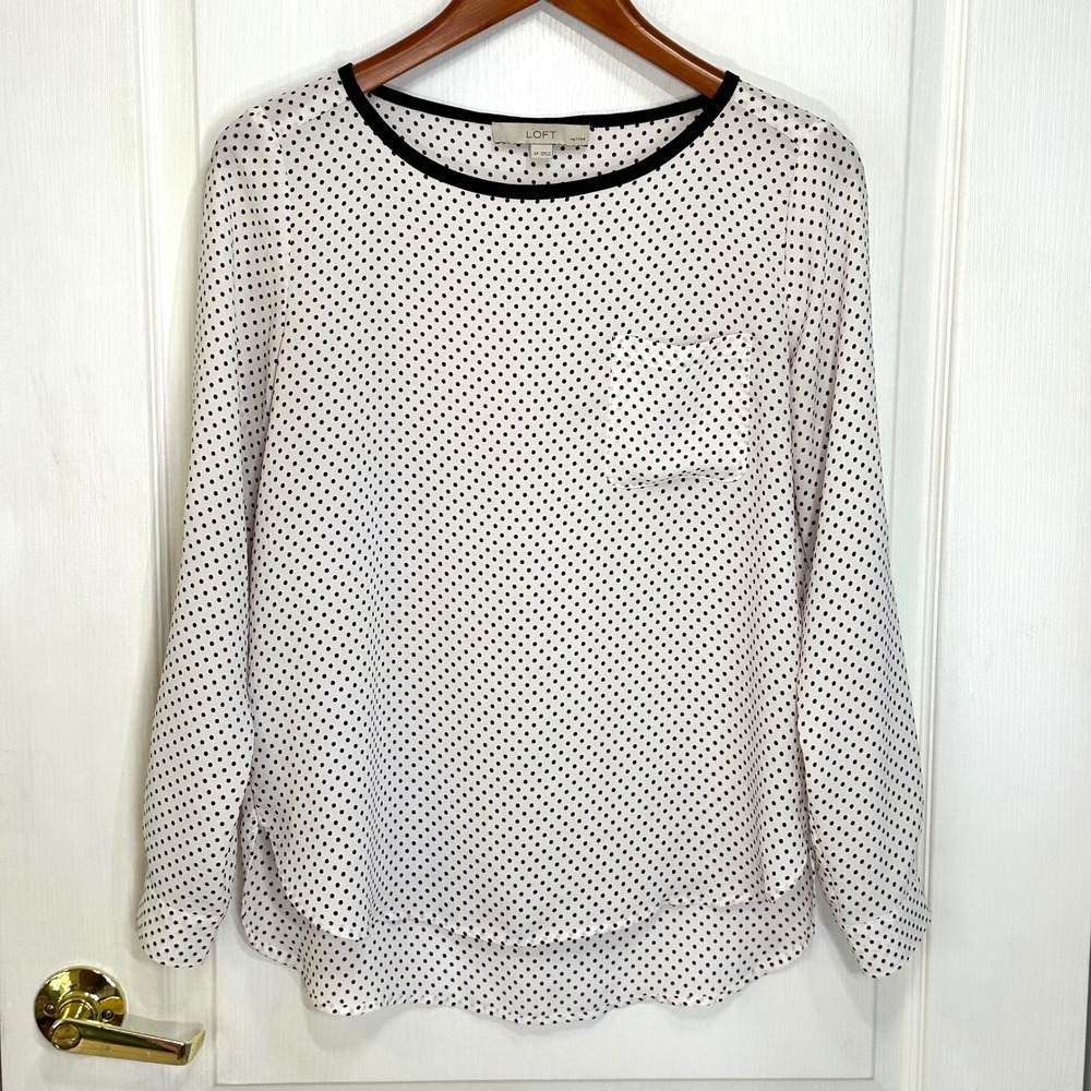 LOFT Polka Dot Roll Tab Sleeve Blouse White Burgundy Petite Small 382200